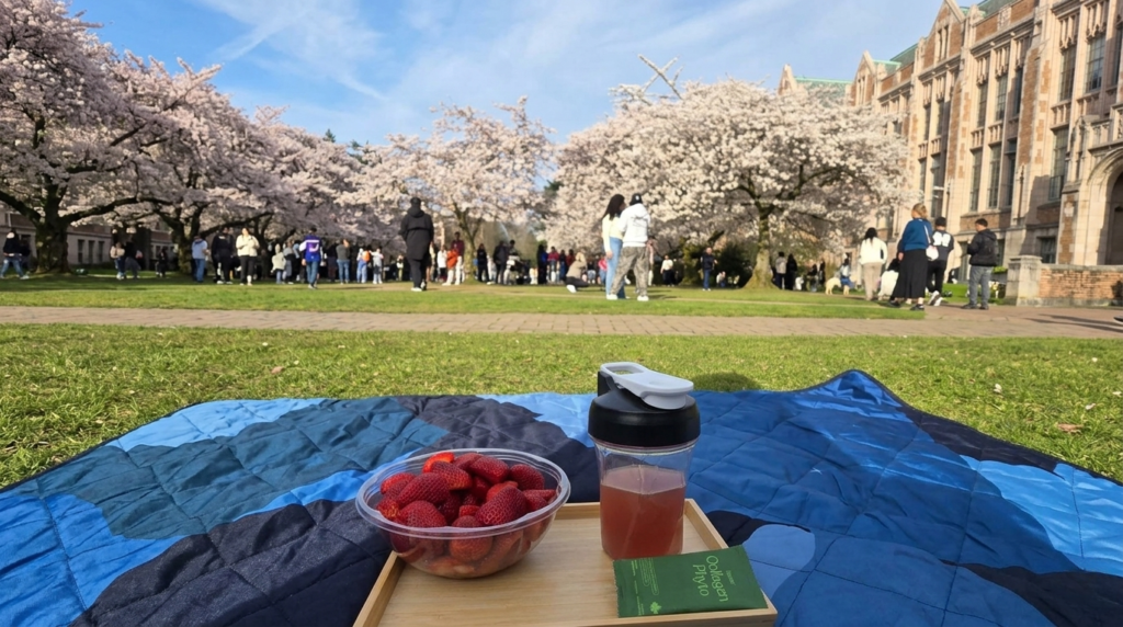 Enjoying a spring picnic with fresh strawberries and a Collagen Phyto drink to support the science of collagen for youthful skin.