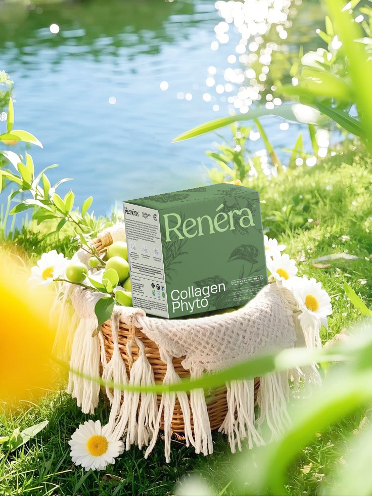 Collagen Phyto — clinically tested marine collagen, in a basket by the water